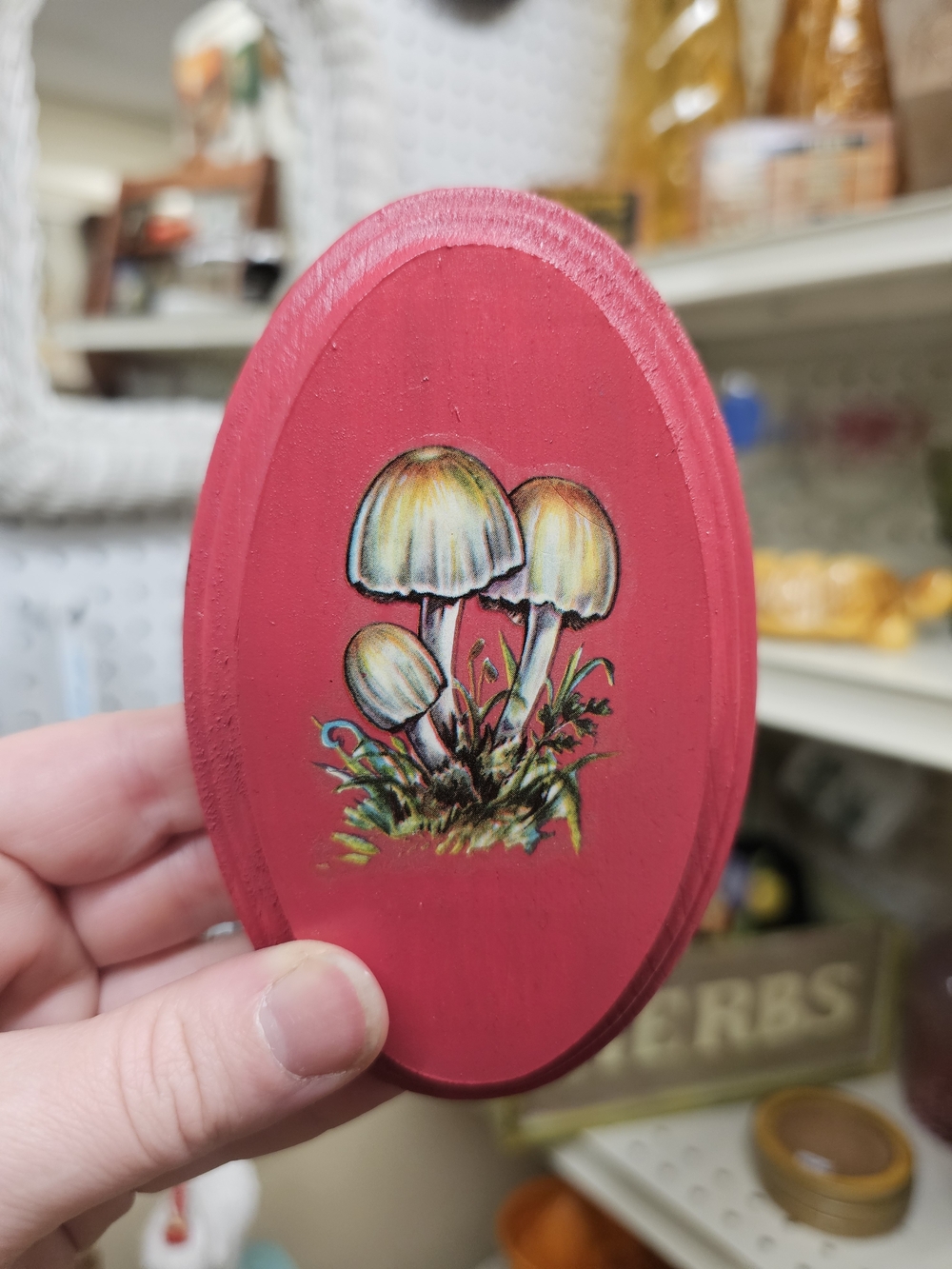 Handmade Vintage Style Mushroom Pink Painted Wood Plaque Wall Art 70s Groovy
